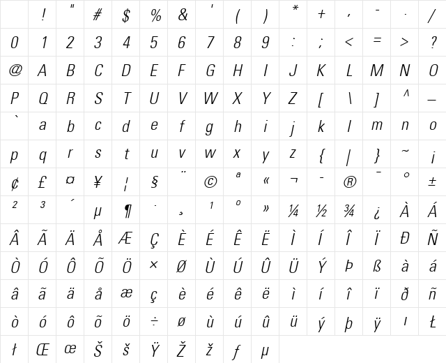 Univers LT 47 CondensedLt Italic Character Map Univers LT 47 CondensedLt Italic Character Map