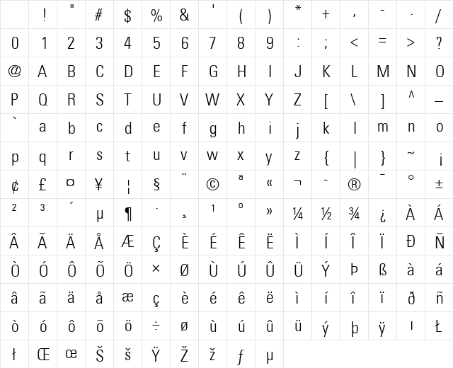 Univers LT 47 CondensedLt Regular Character Map Univers LT 47 CondensedLt Regular Character Map