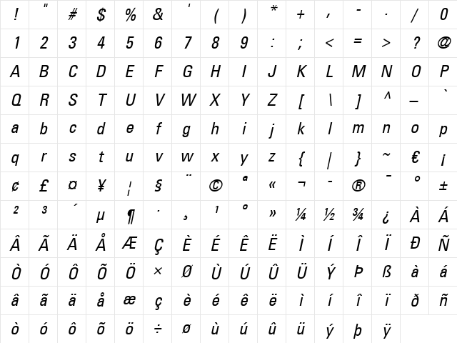 Univers LT 57 Condensed Italic Character Map