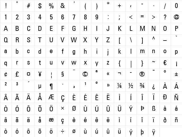 Univers LT 57 Condensed Regular Character Map