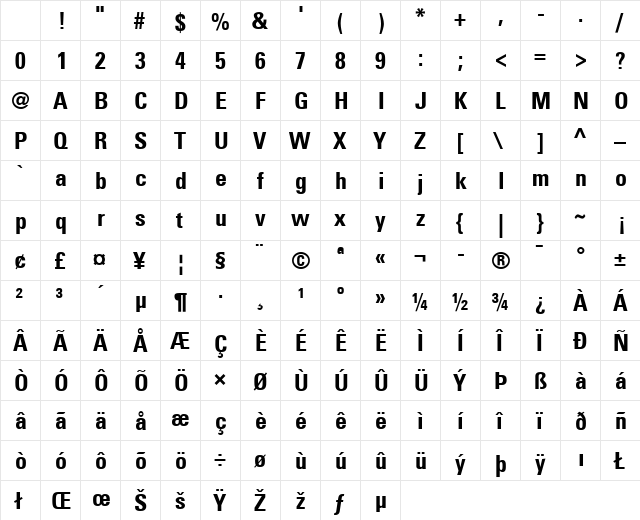 Univers LT 47 CondensedLt Bold Character Map Univers LT 47 CondensedLt Bold Character Map