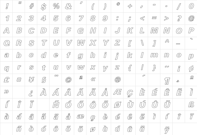 Univers-Black-Italic Hollow Regular Character Map