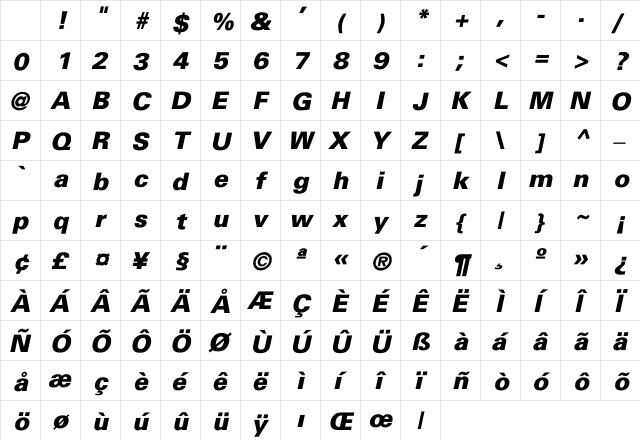 Univers-Black-Italic Regular Character Map