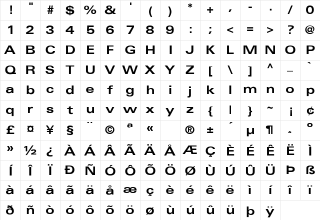 Univers-BoldExt Regular Character Map