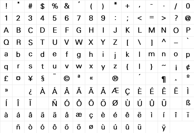 Univers-Light Bold Character Map