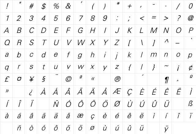 Univers-Light Italic Character Map Univers-Light Italic Character Map