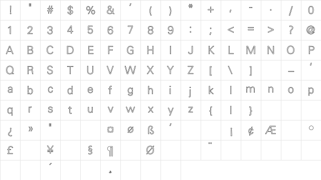 Univers-Light-Light Hollow Regular Character Map Univers-Light-Light Hollow Regular Character Map