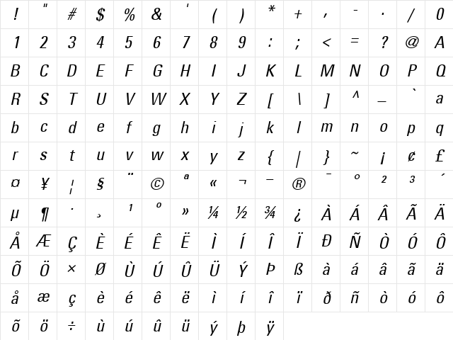 Univers57-Condensed RomanItalic Character Map