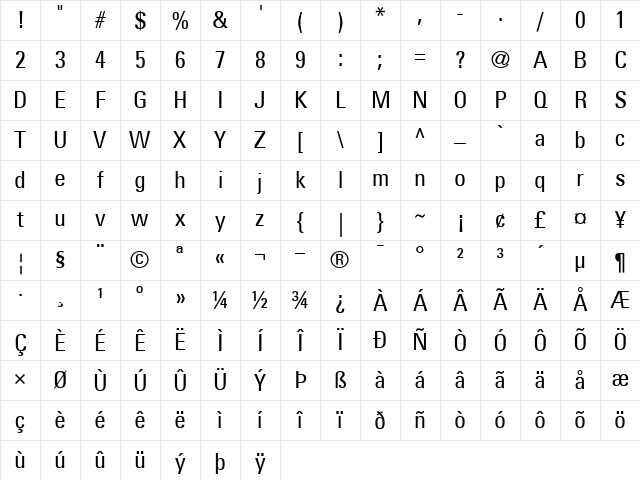 Univers57-Condensed Roman Character Map