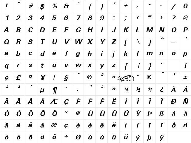 Universal Bold Italic Character Map