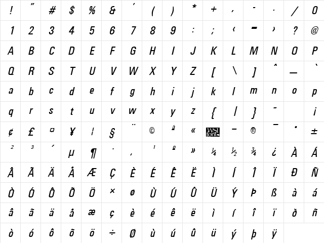 UniversalCondensed Italic Character Map