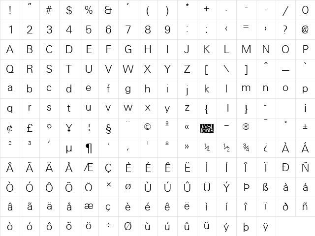 UniversalLight Regular Character Map UniversalLight Regular Character Map