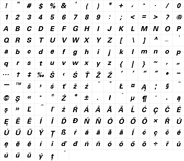 Univers CE 45 Light Bold Italic Character Map Univers CE 45 Light Bold Italic Character Map