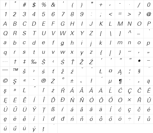 Univers CE 45 Light Italic Character Map