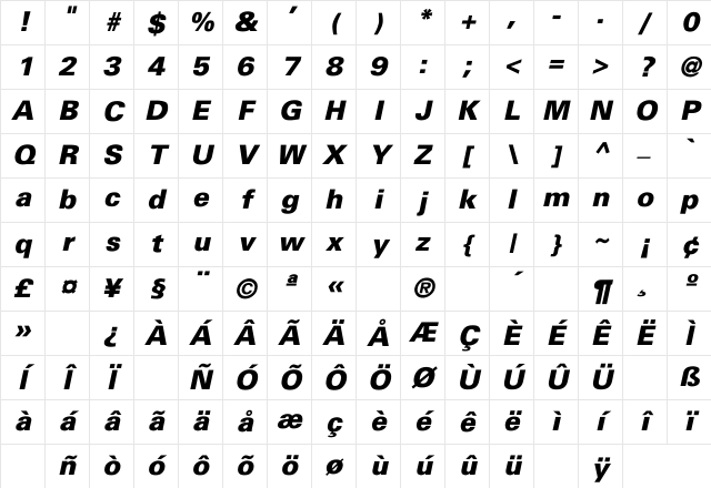 Univers-Black-Italic Regular Character Map