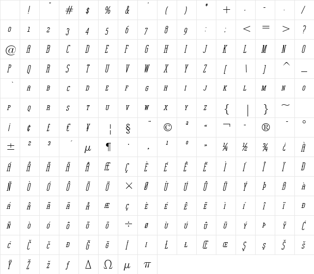 Unknown Caller BTN SC BoldOblique Character Map