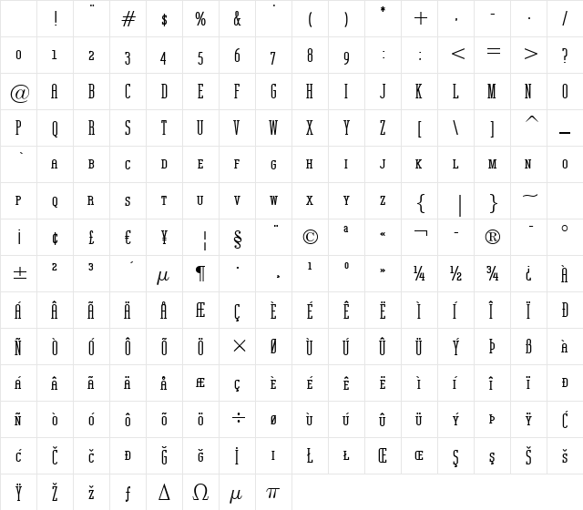 Unknown Caller BTN SC XBd Regular Character Map