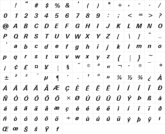 Univers Bold Italic Character Map Univers Bold Italic Character Map