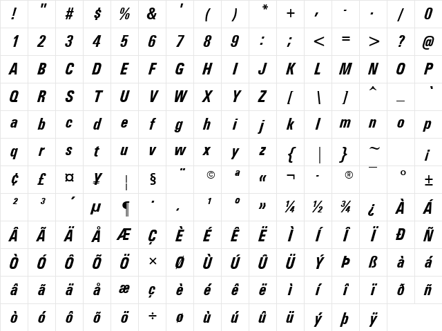 Univers Condensed Bold Italic Character Map