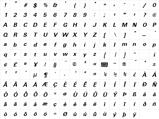 Universal Bold Italic Character Map