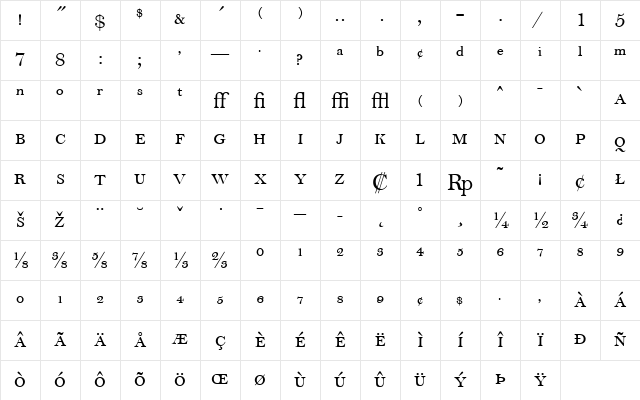 BellMTExpert Roman Character Map