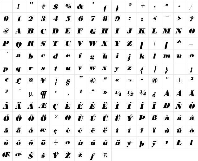 URWBodoniDExtBol Oblique Character Map