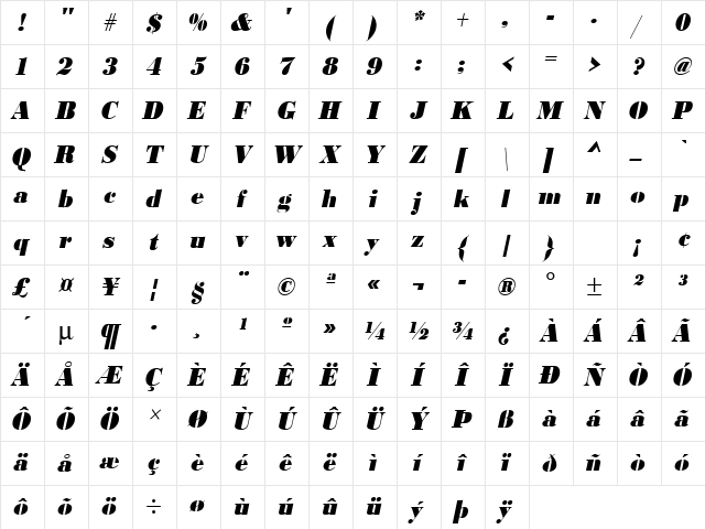 URWBodoniDExtBolExtNar Oblique Character Map