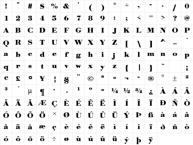URWBodoniTExtWid Bold Character Map