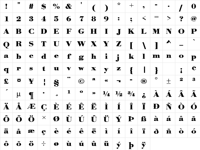 URWBodoniTExtWid Bold Character Map