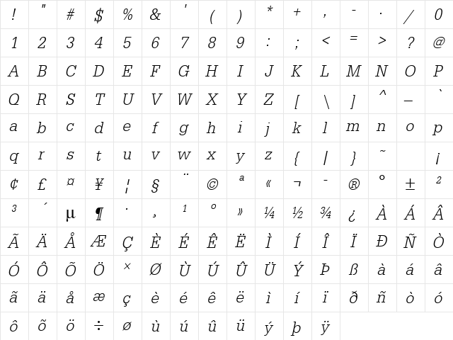 URWEgyptienneTLigExtNar Oblique Character Map