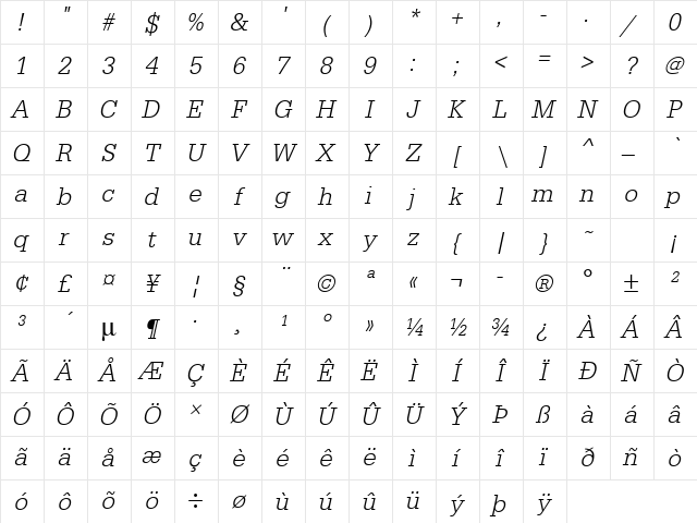 URWEgyptienneTLigNar Oblique Character Map