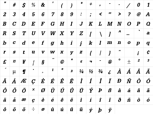 URWEgyptienneTMedExtNar Oblique Character Map