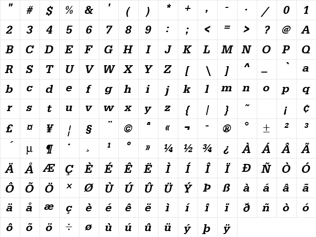 URWEgyptienneTMedNar Oblique Character Map URWEgyptienneTMedNar Oblique Character Map