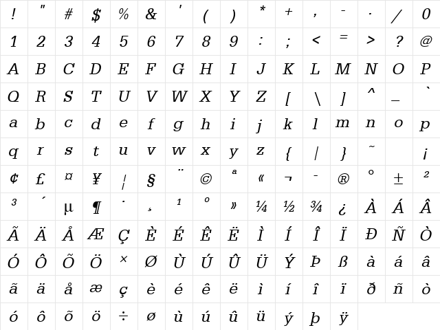URWEgyptienneTNar Oblique Character Map URWEgyptienneTNar Oblique Character Map
