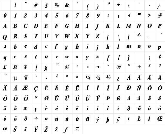 URWGaramondTExtBolExtNar Oblique Character Map