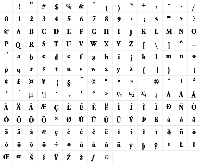 URWGaramondTExtBolExtNar Regular Character Map