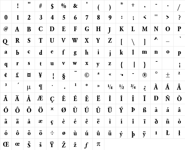 URWGaramondTExtNar Bold Character Map