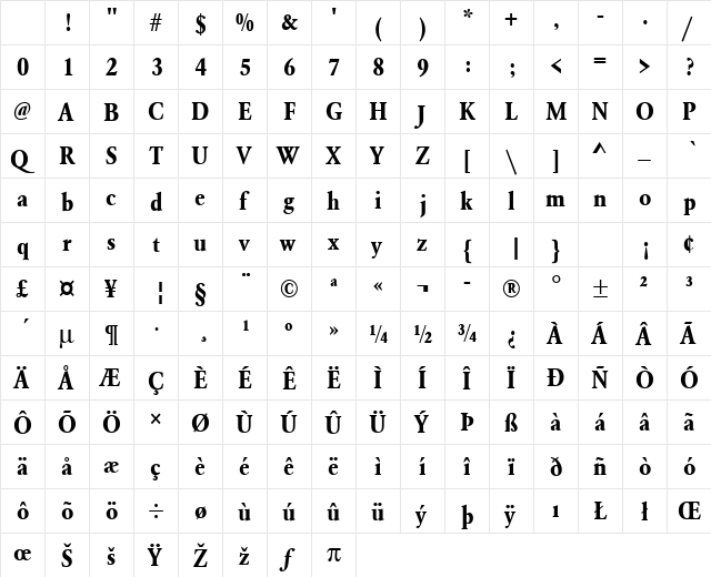 URWGaramondTExtNar Bold Character Map
