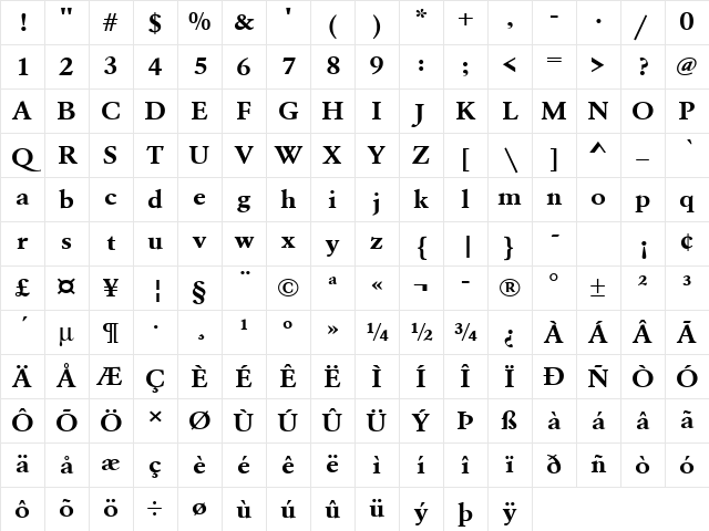 URWGaramondTExtWid Bold Character Map