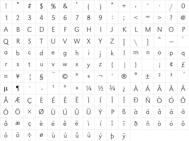URWGroteskTExtLig Regular Character Map