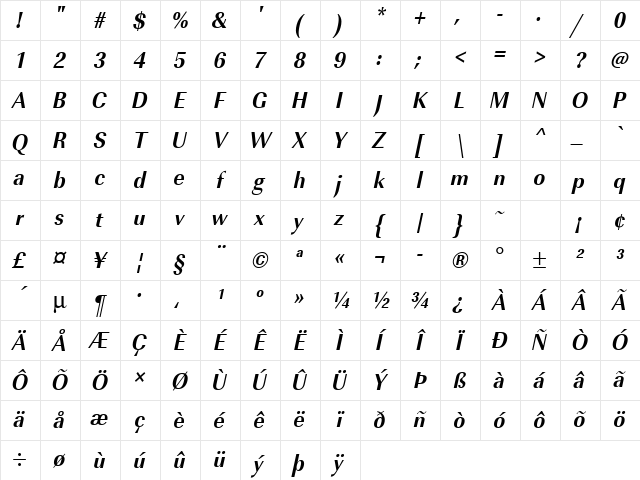 URWImperialTExtNar Bold Oblique Character Map