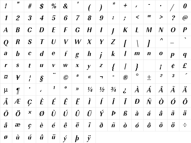 URWImperialTExtNar Bold Oblique Character Map