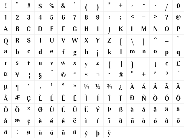 URWImperialTExtNar Bold Character Map