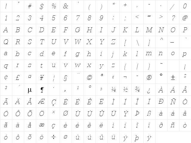 URWTypewriterTExtLigNar Oblique Character Map