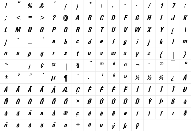 Utah Condensed BoldOblique Character Map