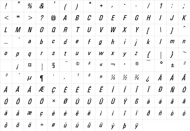 Utah Condensed Oblique Character Map
