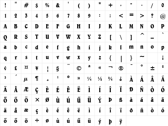 Belwe ConHU Condensed Character Map