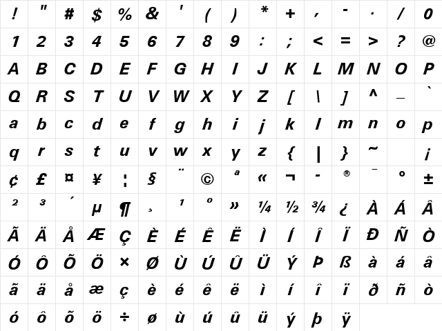 Univers Bold Italic Character Map