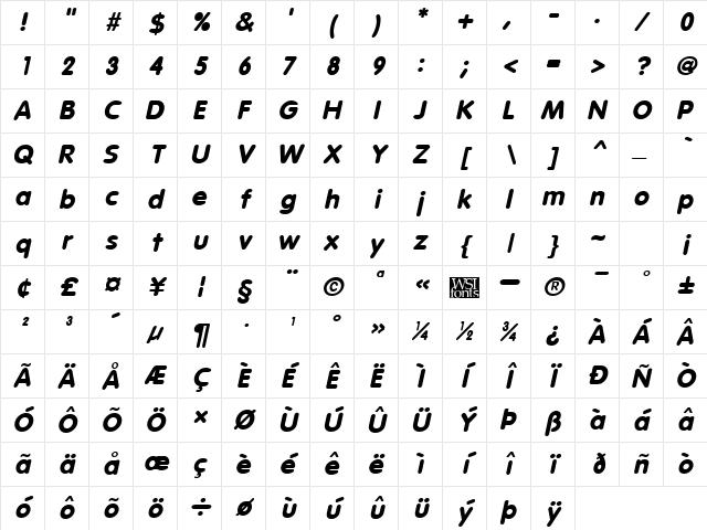 Vagabond Bold Italic Character Map Vagabond Bold Italic Character Map