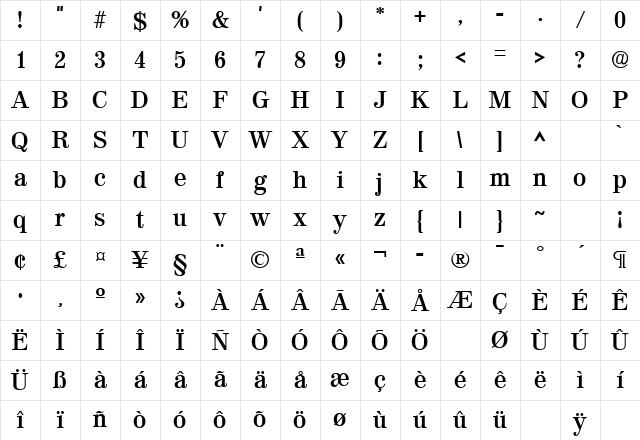 Valencia Bold Character Map